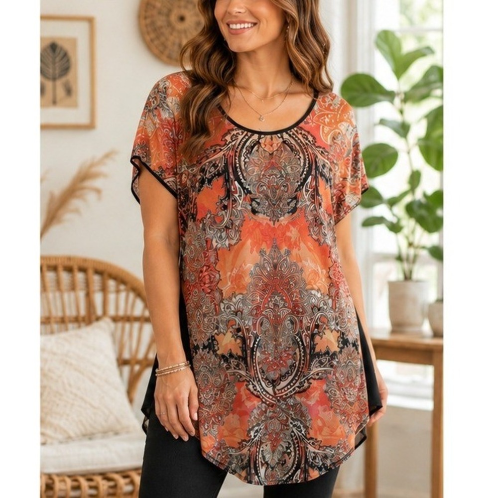 Cato Plus Size 18/20W Tunic Top Black Orange Paisley Medallion Short Sleeve